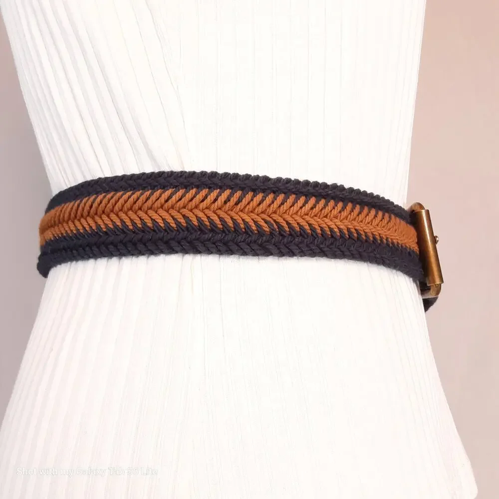 💎BCBGMaxazria Woven Surcingle Belt XS/S Navy Blue Burnt Orange